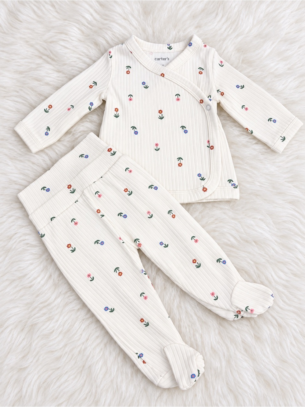 Carter's Cream Floral Ribbed Two-Piece Baby Pajama Set